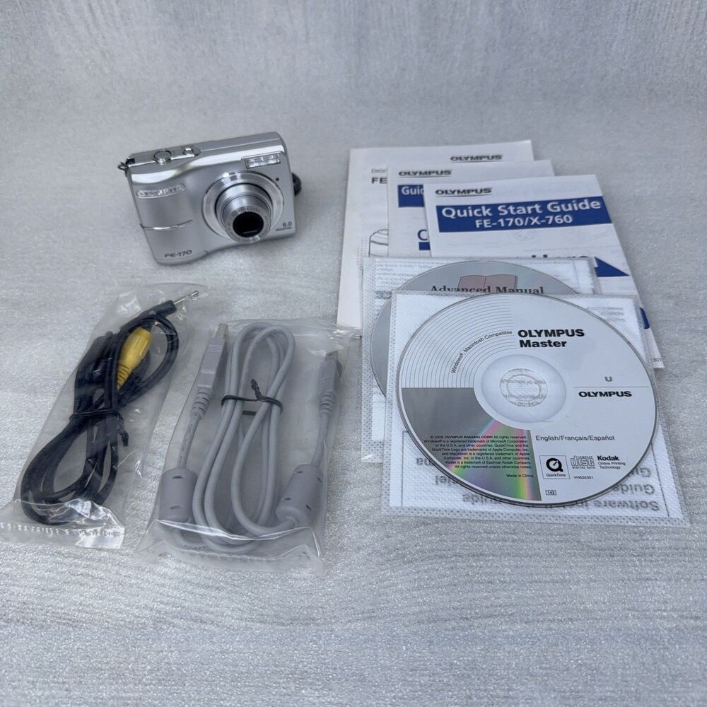 Olympus FE-170 Digital 6.0MP Camera Silver 2.5" LCD w/ Memory Card & Manuals